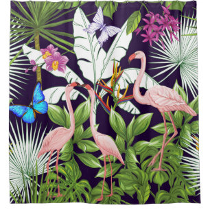 Flamingos, tropical plants: vintage pattern. shower curtain