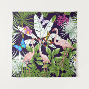 Flamingos, tropical plants: vintage pattern. tapestry