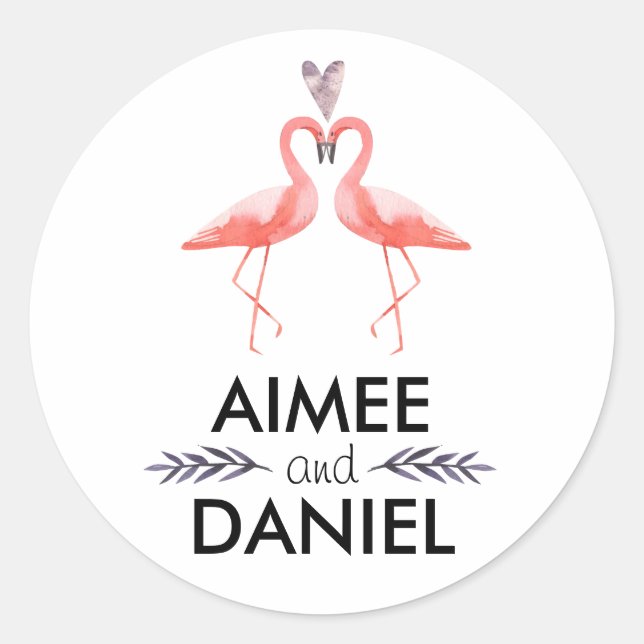 Flamingos tropical wedding | kissing pink flamingo classic round sticker (Front)