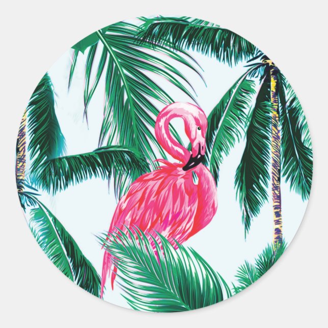 Flamingos Under Palm Trees In The Jungle Of Africa Classic Round Sticker (Front)