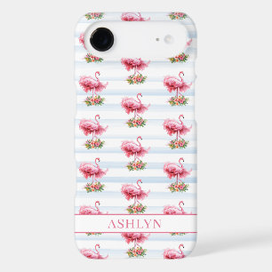 Flamingos with Flowers on Watercolor Stripes
