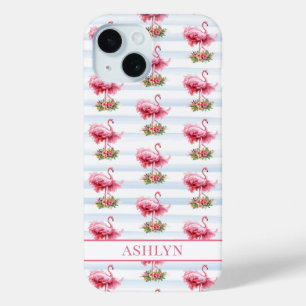 Flamingos with Flowers on Watercolor Stripes iPhone 15 Case
