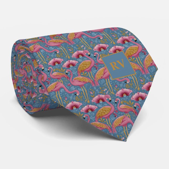 Flamingos with Gold Feathers on Blue Tie (Rolled)