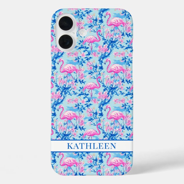 Flamingos with Pink Flowers Monogrammed Case-Mate iPhone Case (Back)