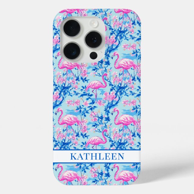 Flamingos with Pink Flowers Monogrammed Case-Mate iPhone Case (Back)