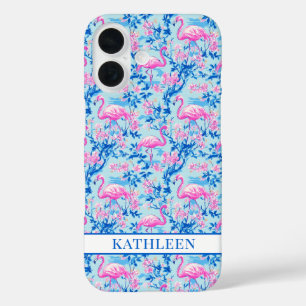 Flamingos with Pink Flowers Monogrammed iPhone 16 Case