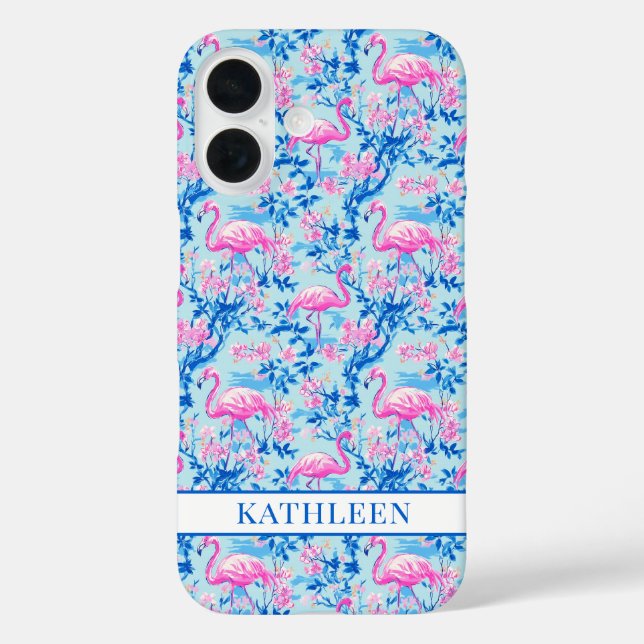Flamingos with Pink Flowers Monogrammed Case-Mate iPhone Case (Back)