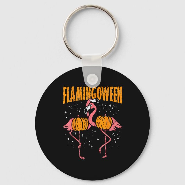 Flamingoween Pumpkin Flamingos Funny Bird Hallowee Key Ring (Front)