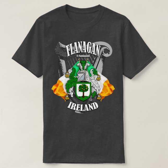 Flanagan Family Name English and Irish T-Shirt (Design Front)