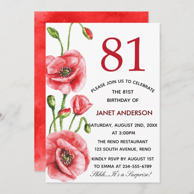 Flanders Poppy Watercolor 81st Birthday Party Invitation (Front/Back)