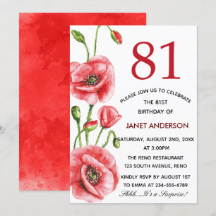 Flanders Poppy Watercolor 81st Birthday Party Invitation