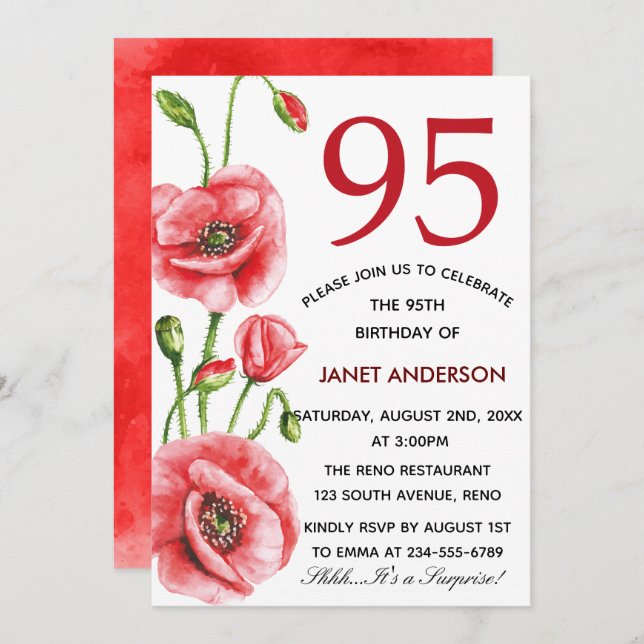 Flanders Poppy Watercolor 95th Birthday Party Invitation (Front/Back)