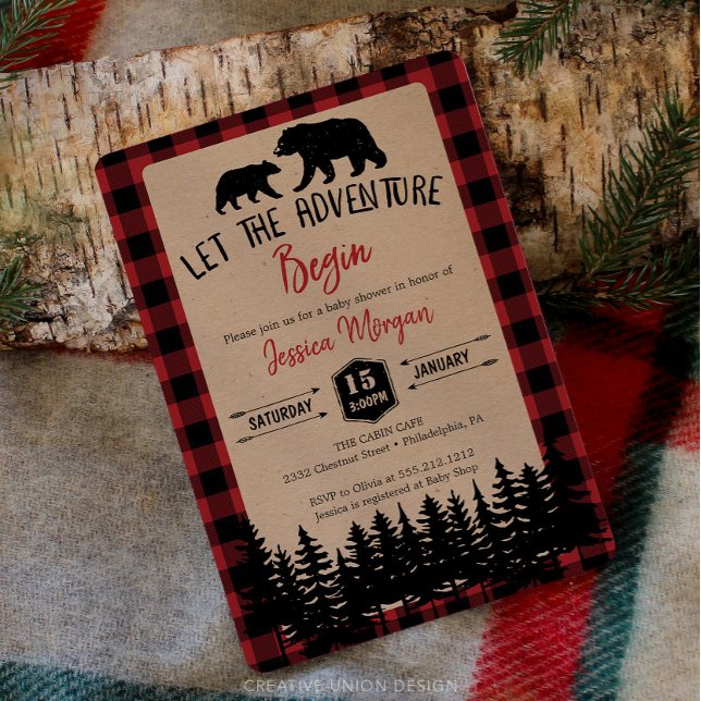 Flannel Adventure Bear Baby Shower Invitations (Flannel Baby Shower Invite)