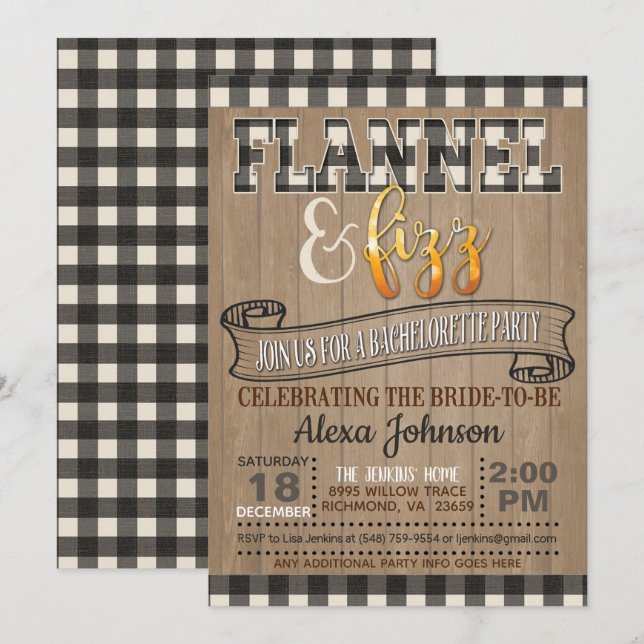 Flannel and Fizz Bachelorette Party - White Invitation (Front/Back)