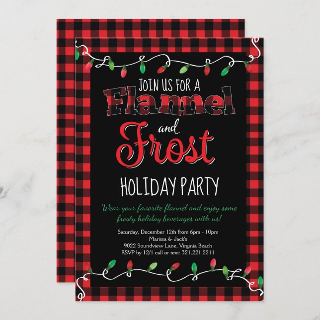 Flannel and Frost Red Black Plaid Christmas Party Invitation (Front/Back)