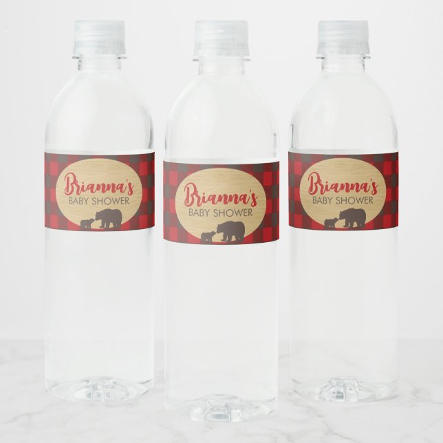 Flannel Buffalo Bear Baby Shower Water Bottle Label (Bottles)