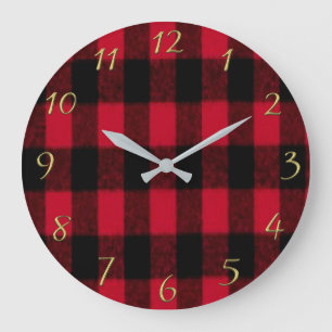 Flannel Buffalo Plaid Red lumberjack texture 1 Large Clock