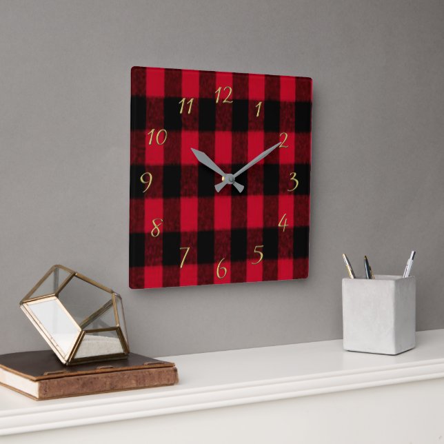 Flannel Buffalo Plaid Red lumberjack texture Square Wall Clock (Office)