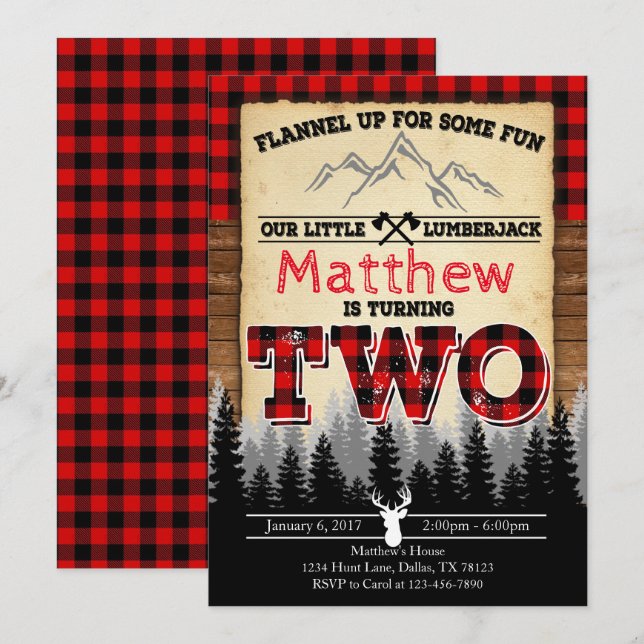 Flannel Lumberjack Birthday Party Invitation Two (Front/Back)