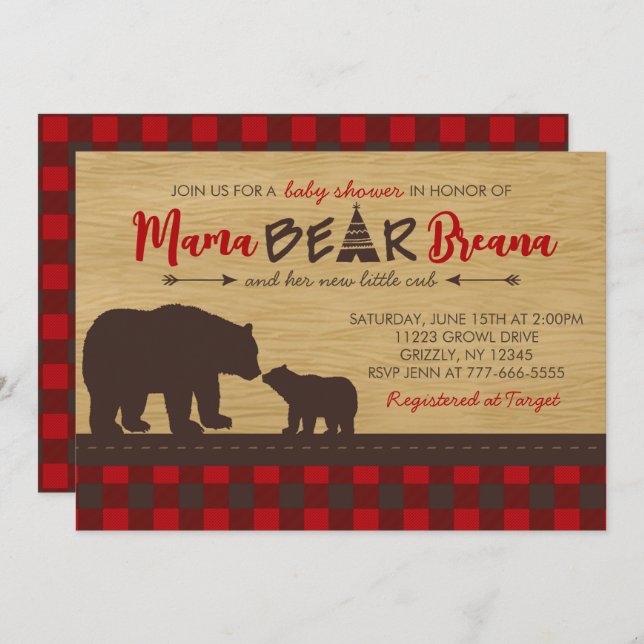 Flannel Mama Bear Baby Shower Invitations (Front/Back)