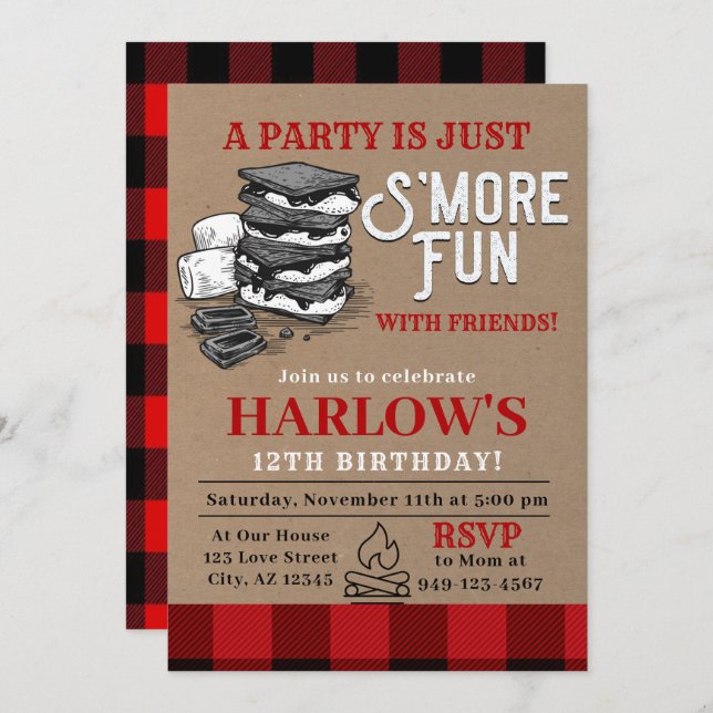 Flannel S'mores Party Buffalo Plaid Birthday Invit Invitation (Front/Back)