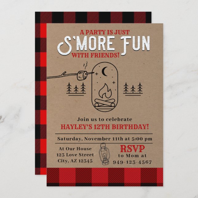 Flannel S'mores Party Buffalo Plaid Birthday Invitation (Front/Back)