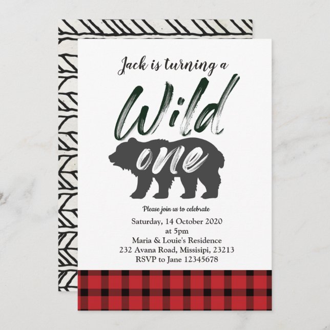 Flannel Wild One first birthday invitation card (Front/Back)