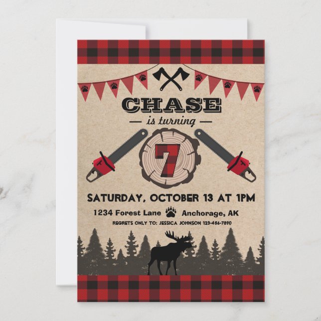 Flannel Wood Stump Forest Wilderness Birthday Invitation (Front)