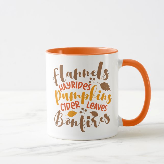 Flannels Hay Rides Pumpkins Cider Leaves Bonfires Mug (Right)