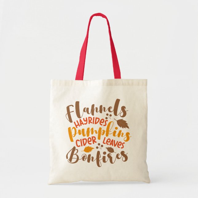 Flannels Hay Rides Pumpkins Cider Leaves Bonfires Tote Bag (Front)