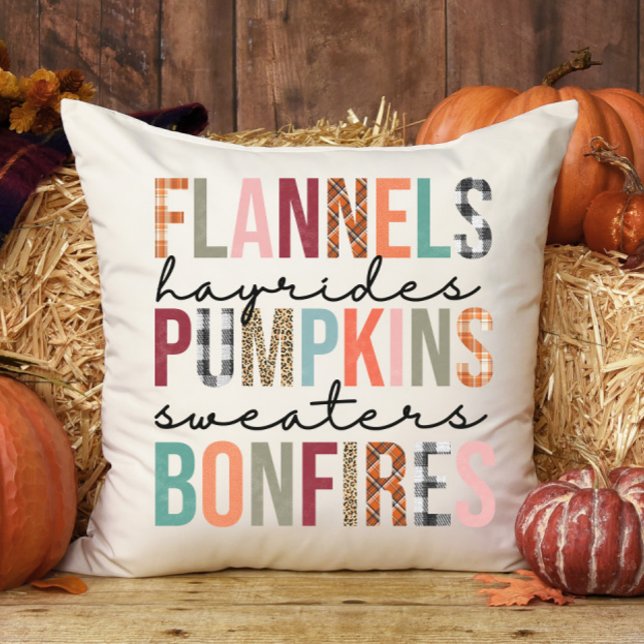 Flannels Hayrides Pumpkins Bonfires Plaid Fun Fall Cushion (Creator Uploaded)