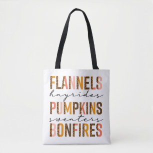 Flannels Hayrides Pumpkins Sweaters Bonfires Text Tote Bag