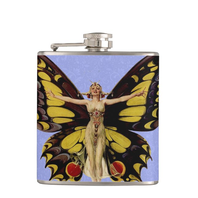 Flapper Butterfly Flying Woman Illustration Hip Flask (Front)