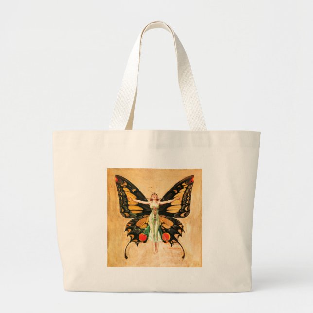 Flapper Butterfly Flying Woman Illustration Large Tote Bag (Front)