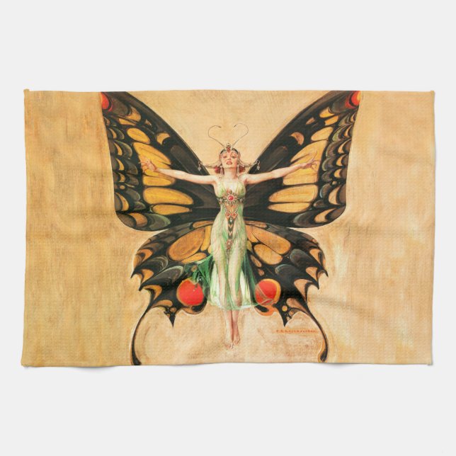 Flapper Butterfly Flying Woman Illustration Tea Towel (Horizontal)