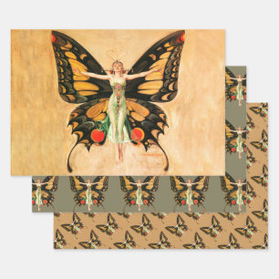 Flapper Butterfly Leyendecker Woman Illustration Wrapping Paper Sheet