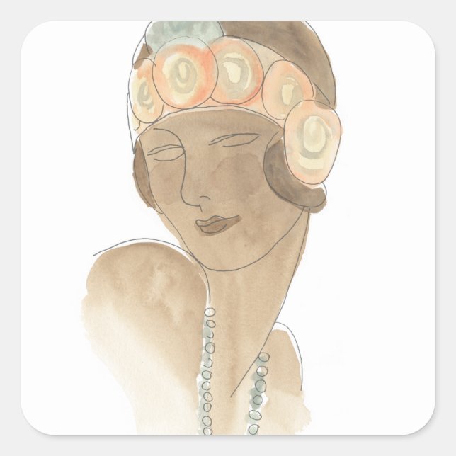 Flapper Fashion Sketch - Woman with Hairpiece Square Sticker (Front)