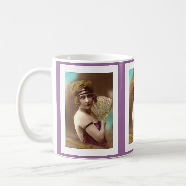 flapper girl in purple with a fan coffee mug (Left)