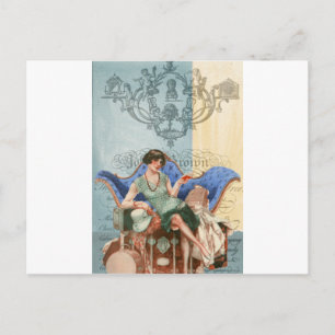 Flapper with suitcases, 1920's travel, art collage postcard
