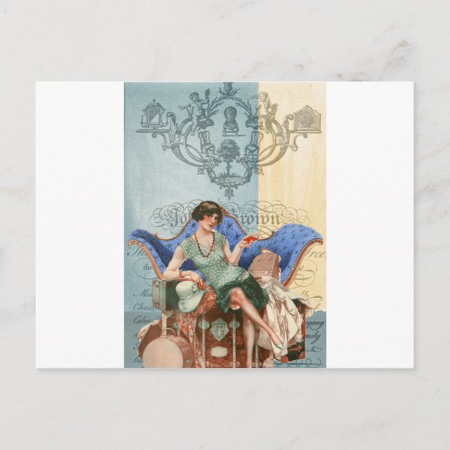 Flapper with suitcases, 1920's travel, art collage postcard (Front)