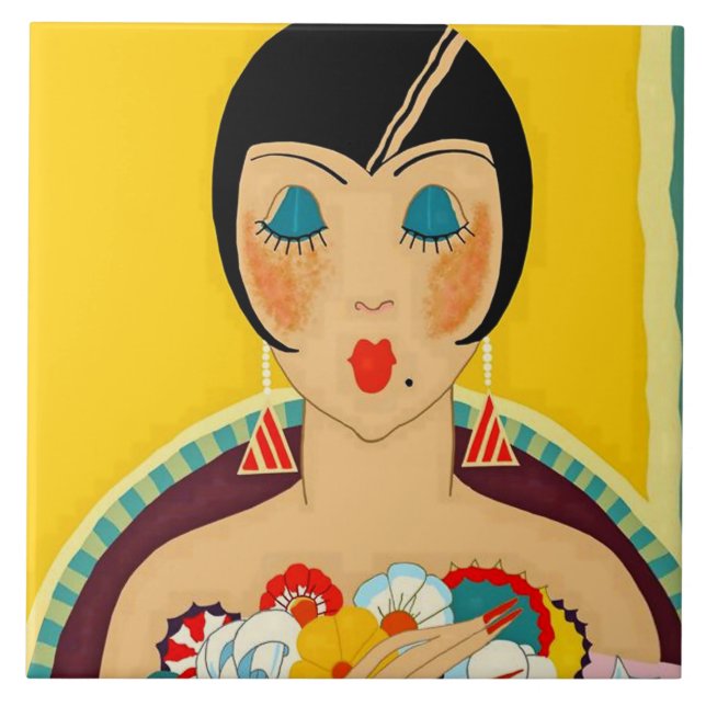 “Flappers and Flowers” Art Deco by Jose Carlos Ceramic Tile (Front)