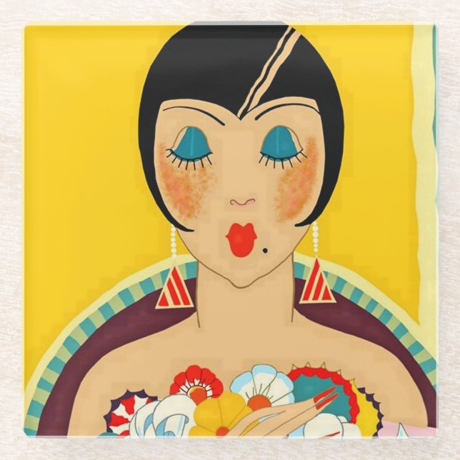 “Flappers and Flowers” Art Deco by Jose Carlos Glass Coaster (Front)