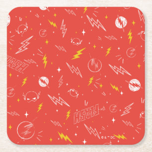 Flash Lightning Icon and Doodle Pattern Square Paper Coaster