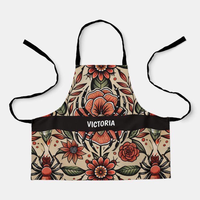 Flash Tattoo Spider Floral Custom Pattern Apron (Front)