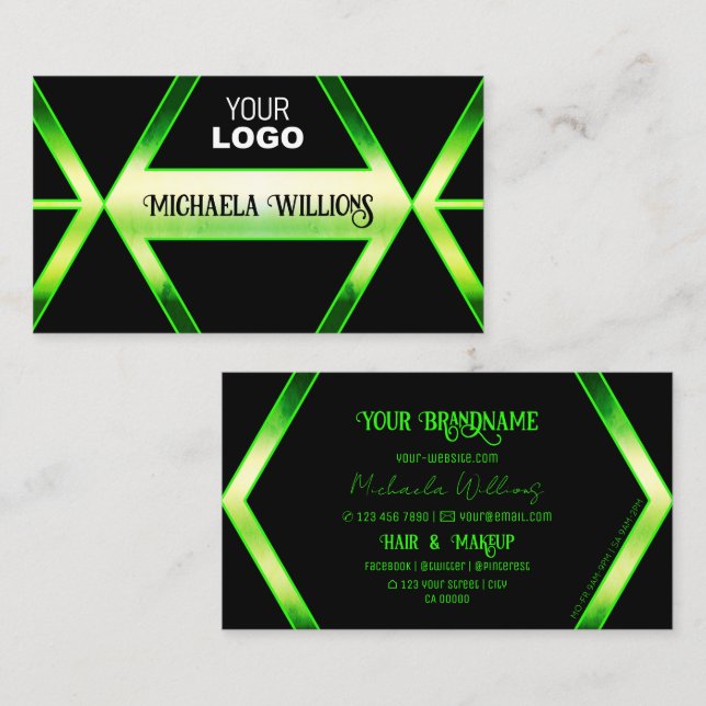 Flashy Black and Shimmery Green with Logo Elegant Business Card (Front/Back)