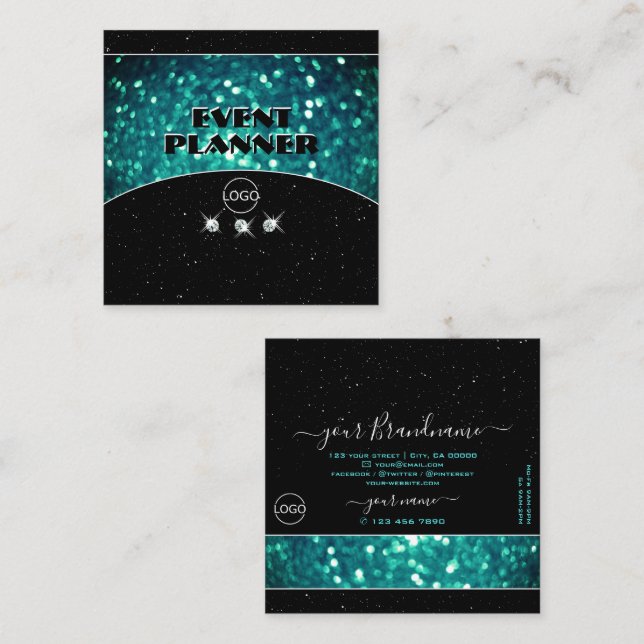 Flashy Black and Teal Sparkling Glitter with Logo Square Business Card (Front/Back)