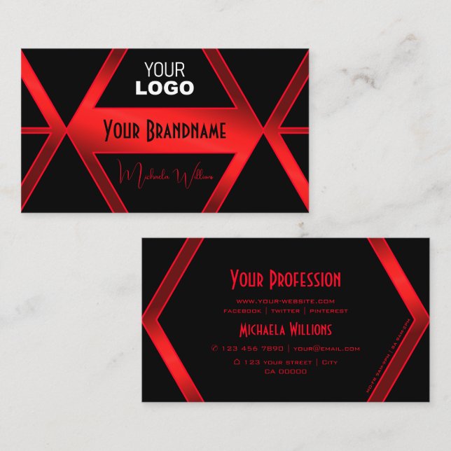 Flashy Black Geometric Shimmery Red Chic with Logo Business Card (Front/Back)