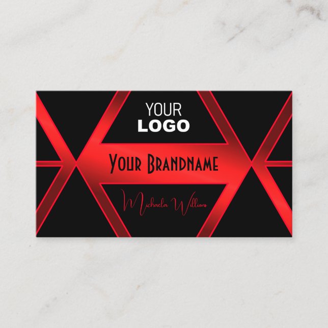 Flashy Black Geometric Shimmery Red Chic with Logo Business Card (Front)