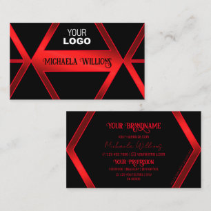 Flashy Black Geometric Shimmery Red with Logo Cool Business Card