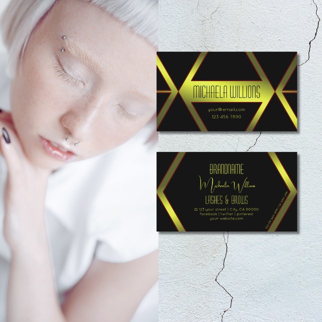 Flashy Black Geometric Yellow Shimmer Professional Business Card (Creator Uploaded)